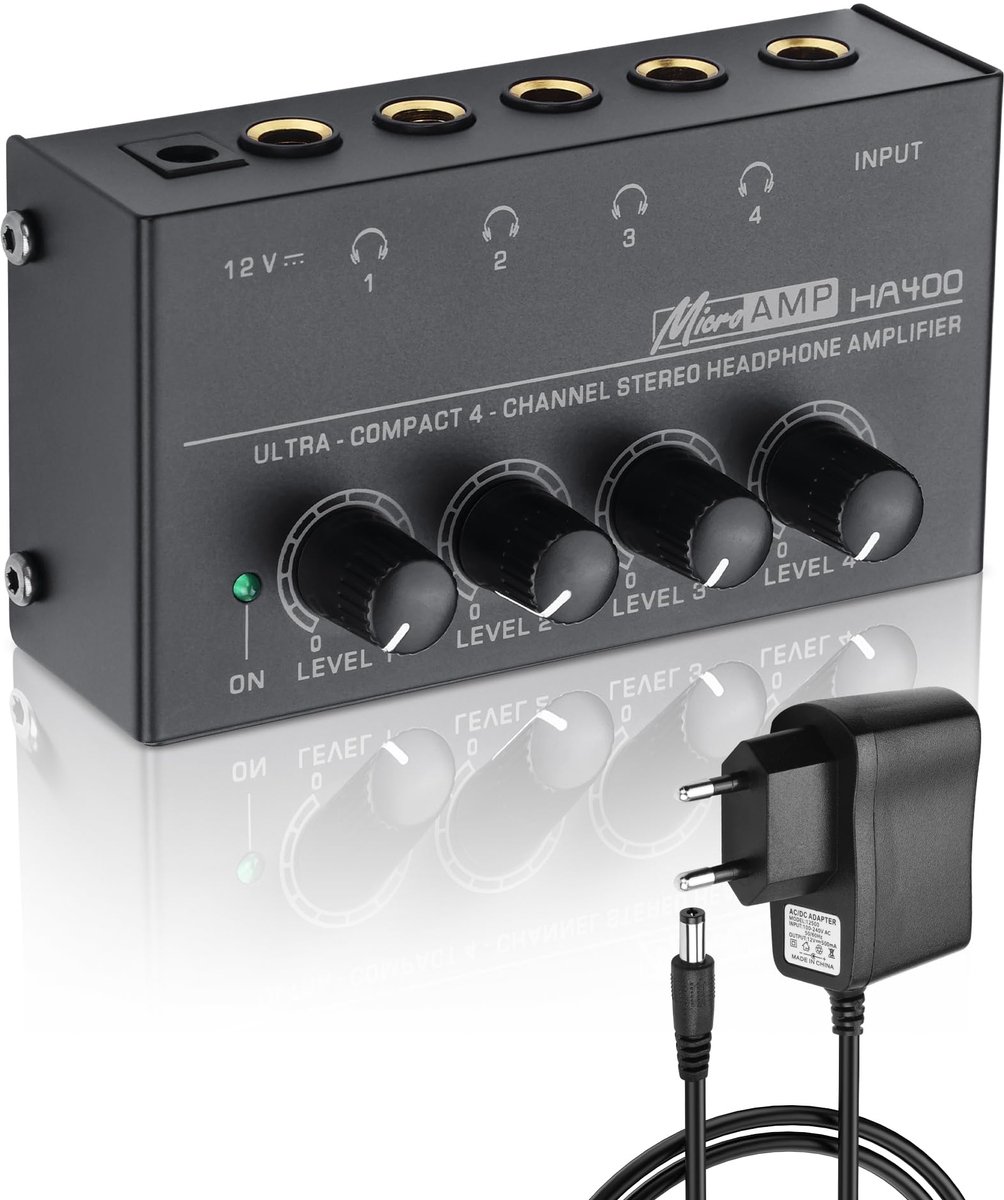 zurabini - 4 Kanaals Hoofdtelefoonversterker - Audio Splitter - Hoofdtelefoon Versterker met 4 Onafhankelijke Volumeregelaars - 6,35 mm TRS In/Uit - Inclusief 12V Adapter - Metalen Behuizing