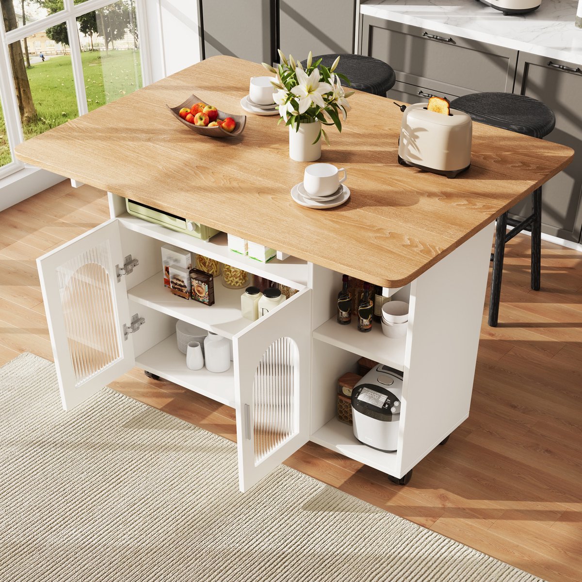 MEUNIQ Keukeneiland 120 x 30 x 79,5 cm met uitklapbaar blad, keukentrolley met wielen, kast met open vakken en glazen deuren, keuken of eetkamer, wit