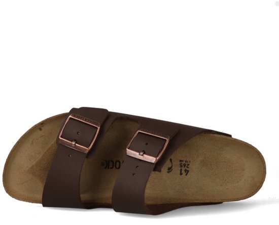 Bruine Birkenstock Arizona slippers met koperkleurige gespen, maat 41.