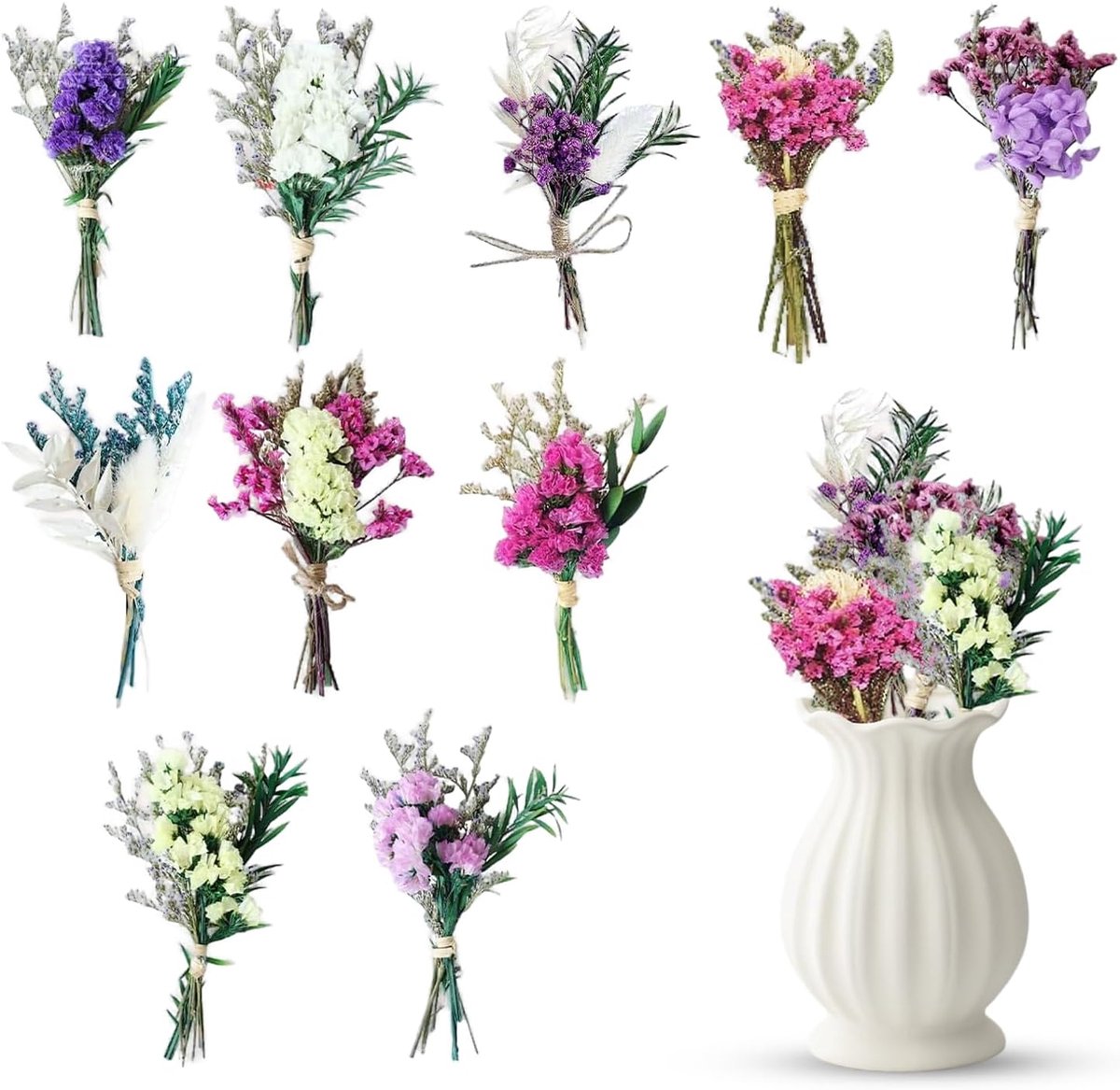 SnelShoppen - Pack van 10 Mini Dried Flower Bouquets - Natuurlijke Gedroogde Bloemen - Kleine Decoratie voor Scrapbook, Bullet Journal, Fotoalbums, Ca