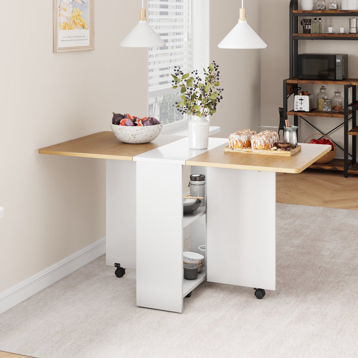 Eettafel Opvouwbaar - 120x60x75cm - Uitschuifbare Keukentafel met Drop Leaf en 6 Wieltjes - Ruimtebesparend voor 2 Personen - 2 Lagen Opbergrekken - Voor Eetkamer of Woonkamer - Wit