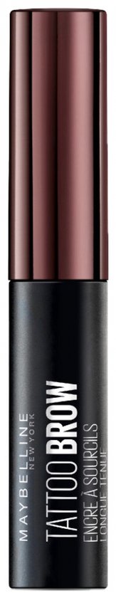 Maybelline Tattoo Brow, donkerbruine wenkbrauwverf met een glanzende, koperkleurige dop.