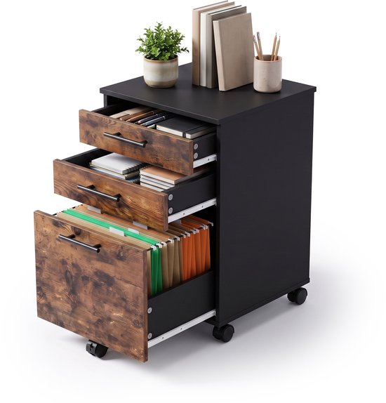 Zwarte rolcontainer met drie laden in hout-look, deels geopend, met boeken en ordners erin.