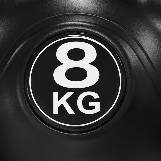 Zwarte kettlebell met een ronde, zwarte cirkel met een witte '8 KG' opdruk.