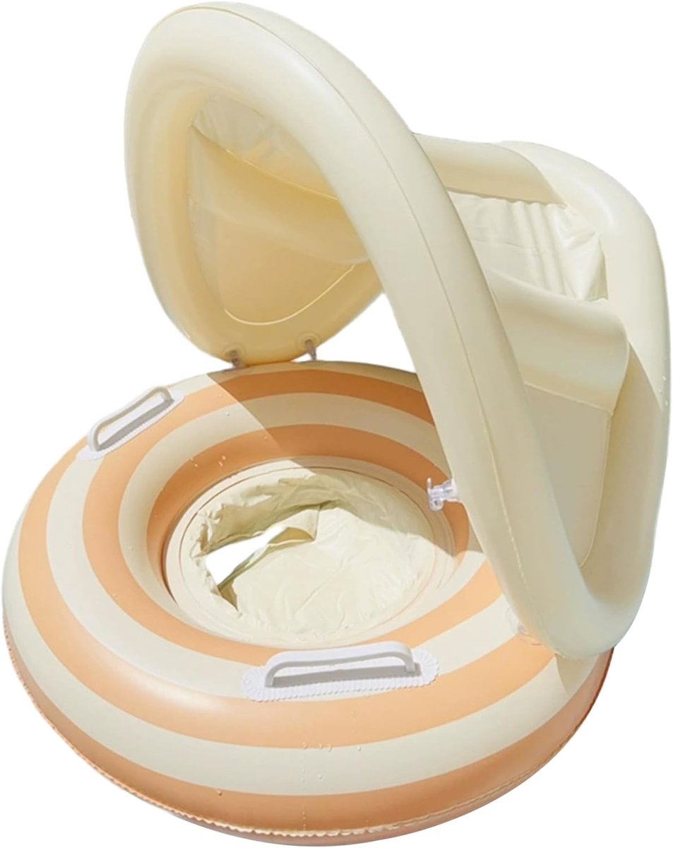 LISM-Kinderzwemband met afneembaar zonnescherm en antisliphandvat, retro gestreept design, oranje.