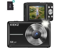 Kiekz Professionele Kindercamera 64MP - Fotocamera Full HD - Compact Camera - Fototoestel - Digitale Camera met Autofocus - Inclusief 32GB SD Kaart - Zwart