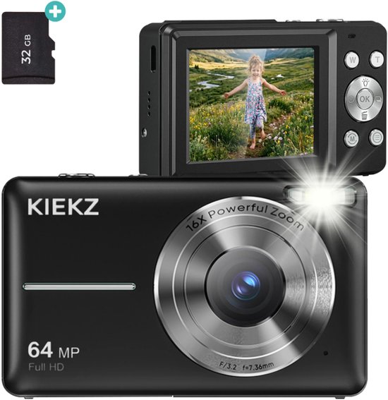 Zwarte Kiekz digitale camera met 64 MP, Full HD, 16x zoom en een ingebouwd flitslicht. Inclusief 32GB SD-kaart.