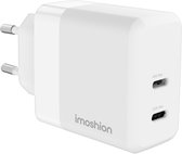 Witte imoshion 2-poorts USB-C 40W oplader, met twee USB-C poorten met "40W Max" en "20W Max" markeringen.