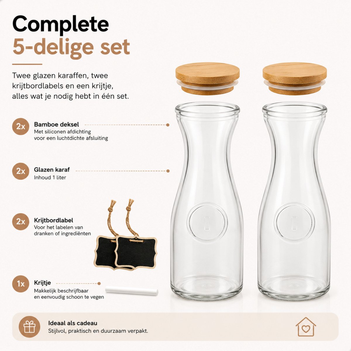 Boncy® Glazen Karaf - Set van 2 - Waterkan met Bamboe Deksel - Waterkaraf 1 Liter - Schenkkan van Glas - karaffen Water Kan Carafe — cadeau in Koken & Dineren - foto 5
