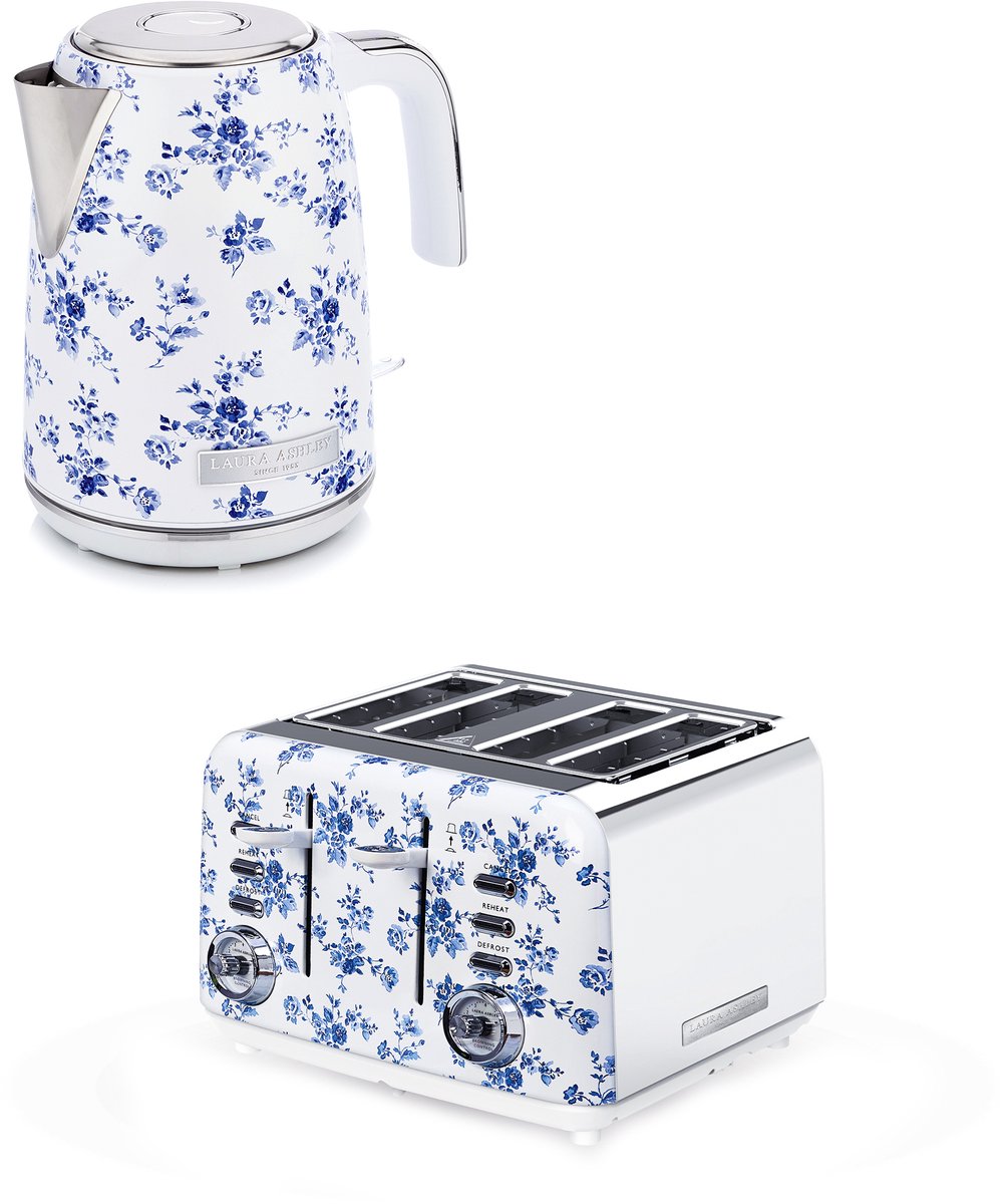 Laura Ashley by VQ Keuken Set – Jug Waterkoker 1,7L & 4-Sleuven Broodrooster – China Rose – Luxe Design Ontbijtset