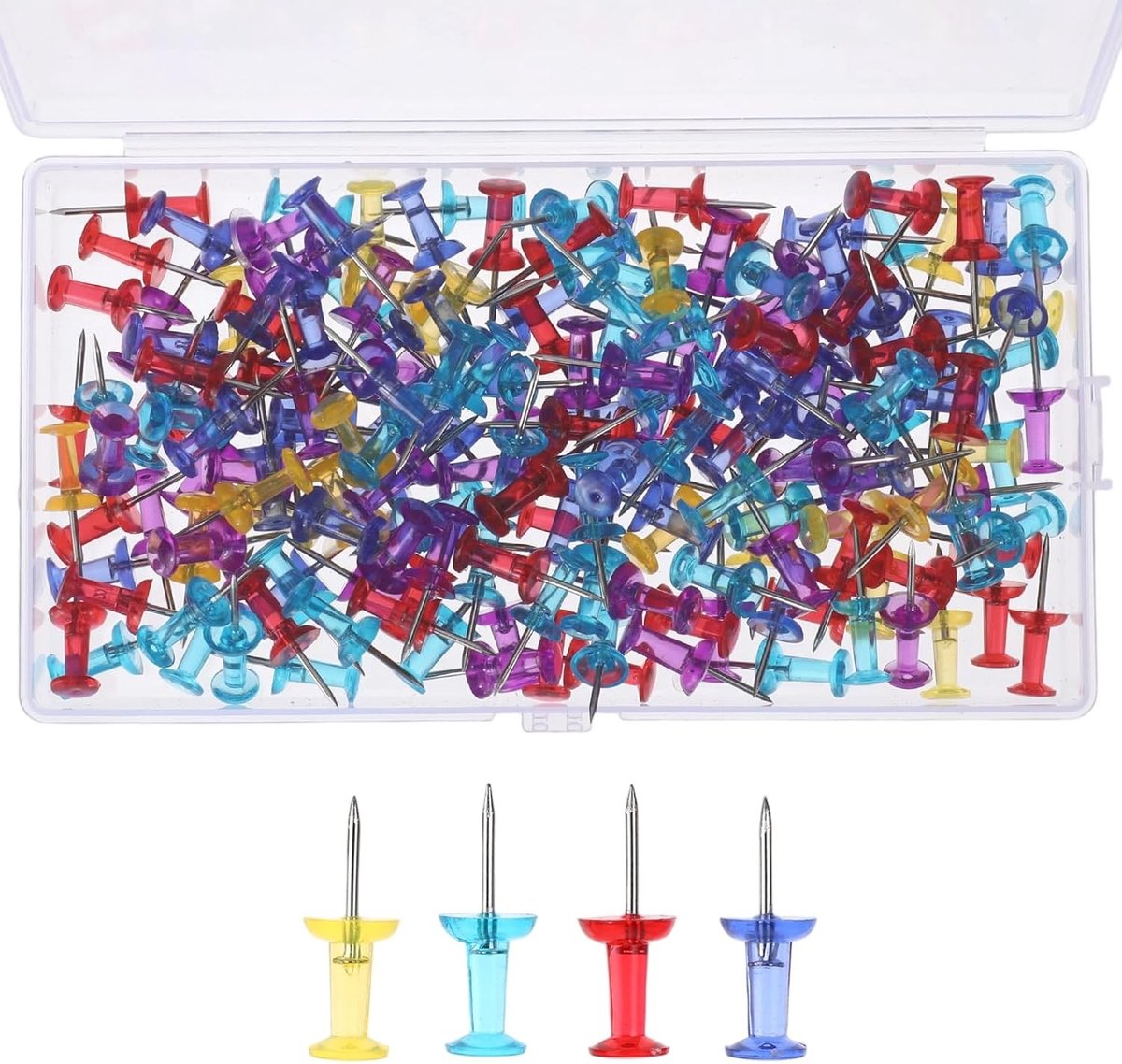 Set van 200 transparante en meerkleurige punaises, prikbordnaalden en pushpins voor kantoordecoratie en organisatie