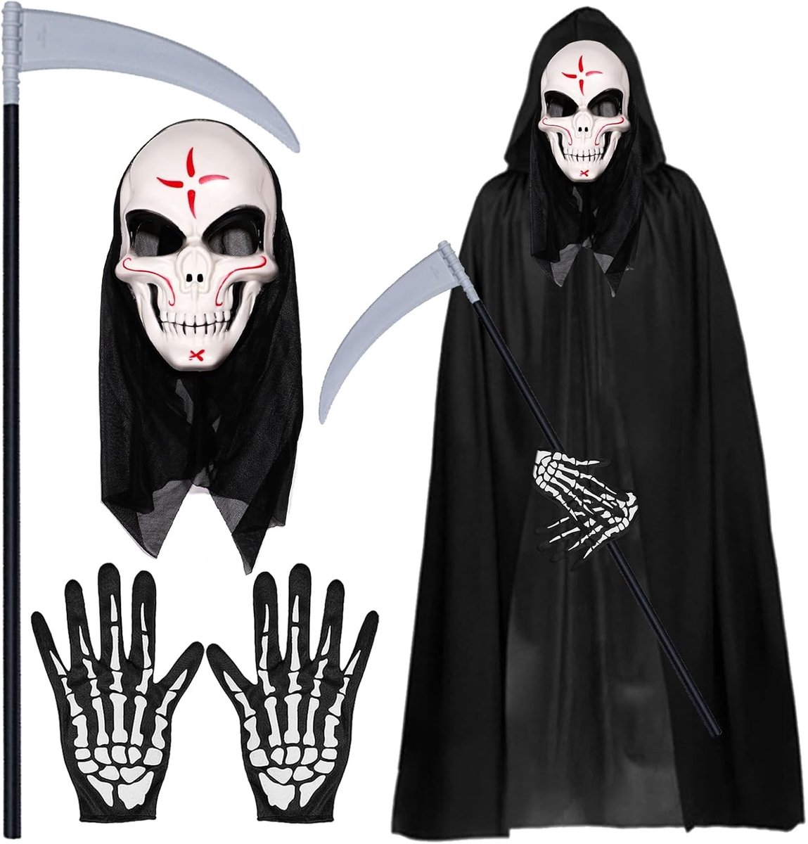 Vampier Kostuum met Kap en Masker, 140 cm Lange Cape, Schedel Handschoenen en Doodschaaf voor Halloween Feestdecoratie