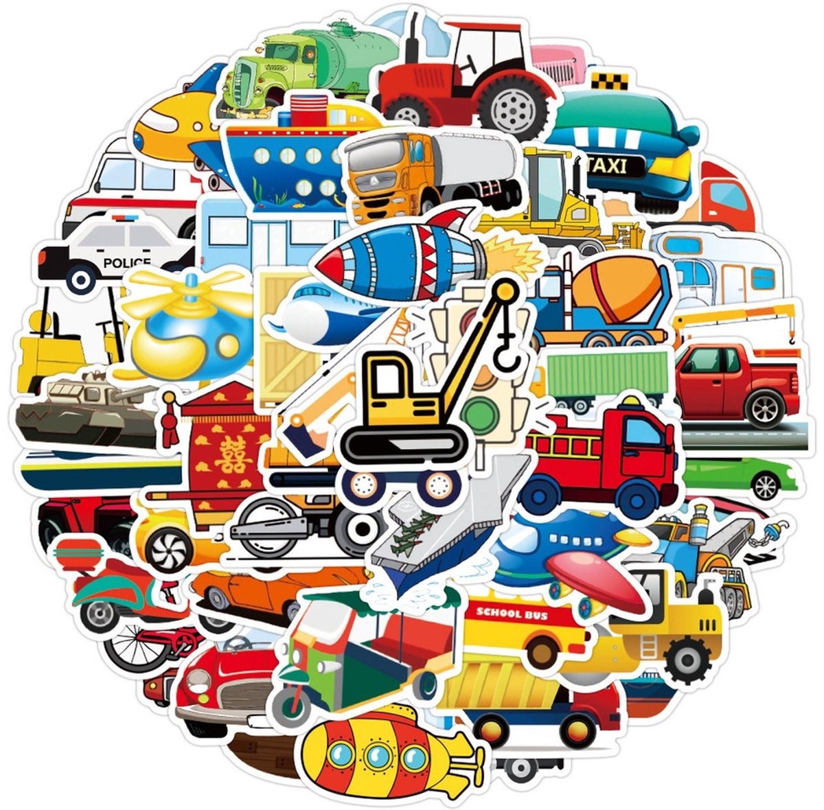 50 Voertuig Stickers – Auto, Vliegtuig, Boot & Verkeer