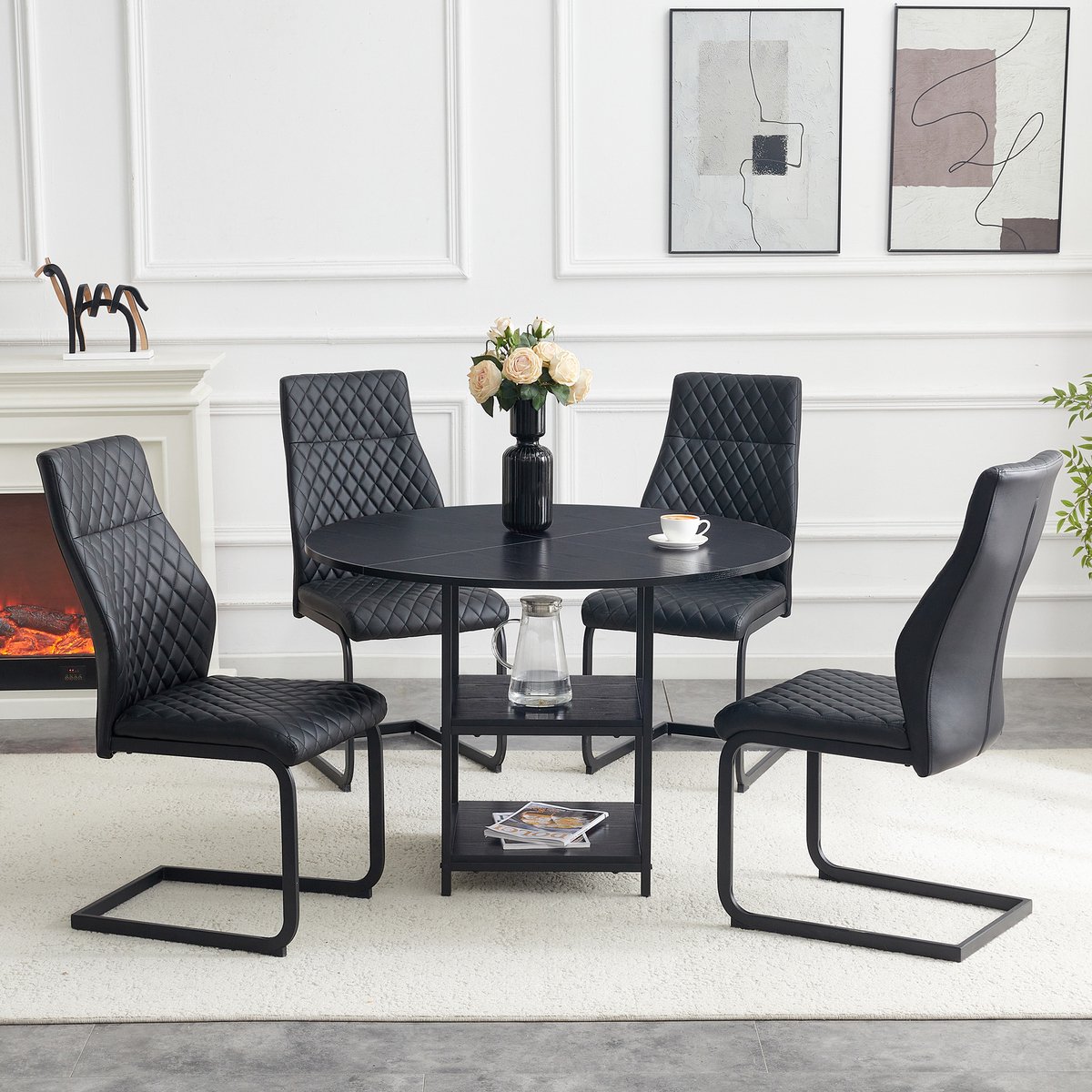Wishdor Ronde eettafelset voor 4 personen - Industrieel design - Dubbele opberglaag - Zwart - Houtlook en metaal - 107 cm - 4 stoelen