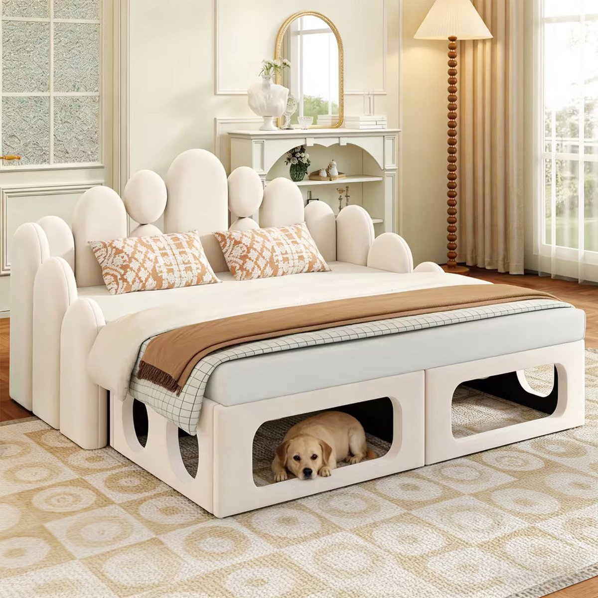 Wishdor Slaapbank met huisdierbed - 180x200 cm - Lattenbodem - Rugleuning - Gestoffeerd - Beige - Voor volwassenen - Voor woonkamer en slaapkamer