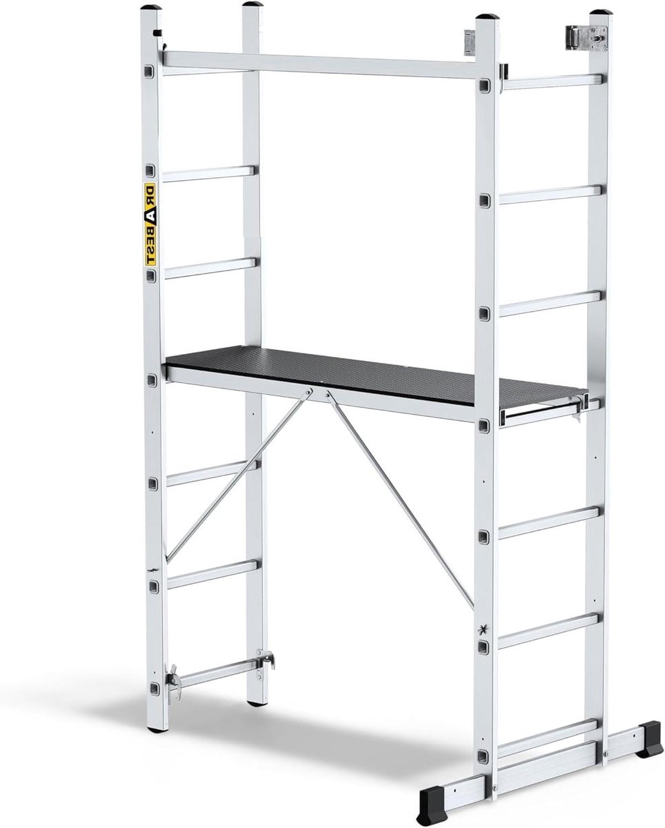 Aluminium Ladder - Steiger Ladder - Klus Klussen - Werkplatform Inclusief - 14 Treden - Zilver Goud