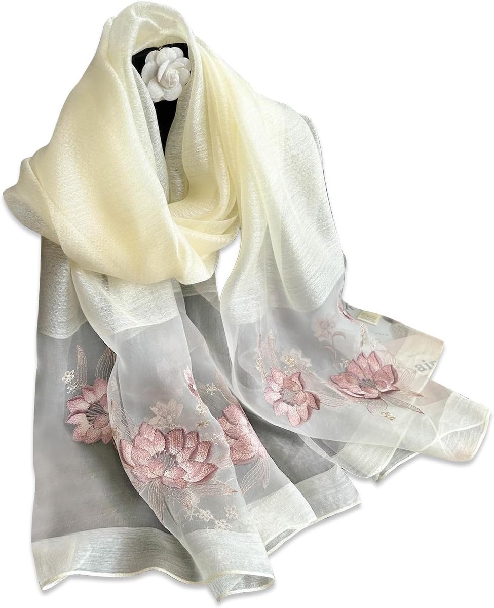 Zijdeachtige chiffon sjaal met delicate rozenborduursels, transparante tulle, zacht en licht, ideaal voor zonbescherming in de lente en herfst.
