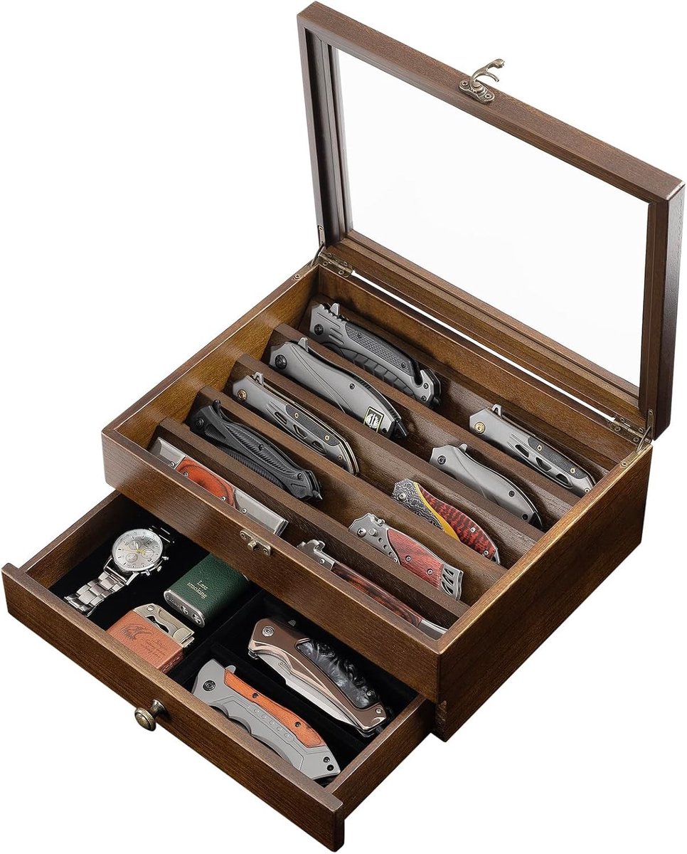 Houten Vitrine voor Zakmessen, 2 Laags met Glazen Deksel en Lades, Perfect voor Verzamelingen en Cadeaus