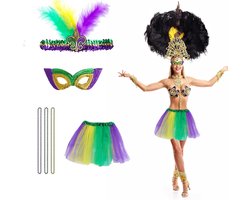 6-delige Mardi Gras Kostuum Accessoires Set met Faux Veer Hoofdband, Masker, Kralenkettingen en Tutu Rok voor Vrouwen en Meisjes