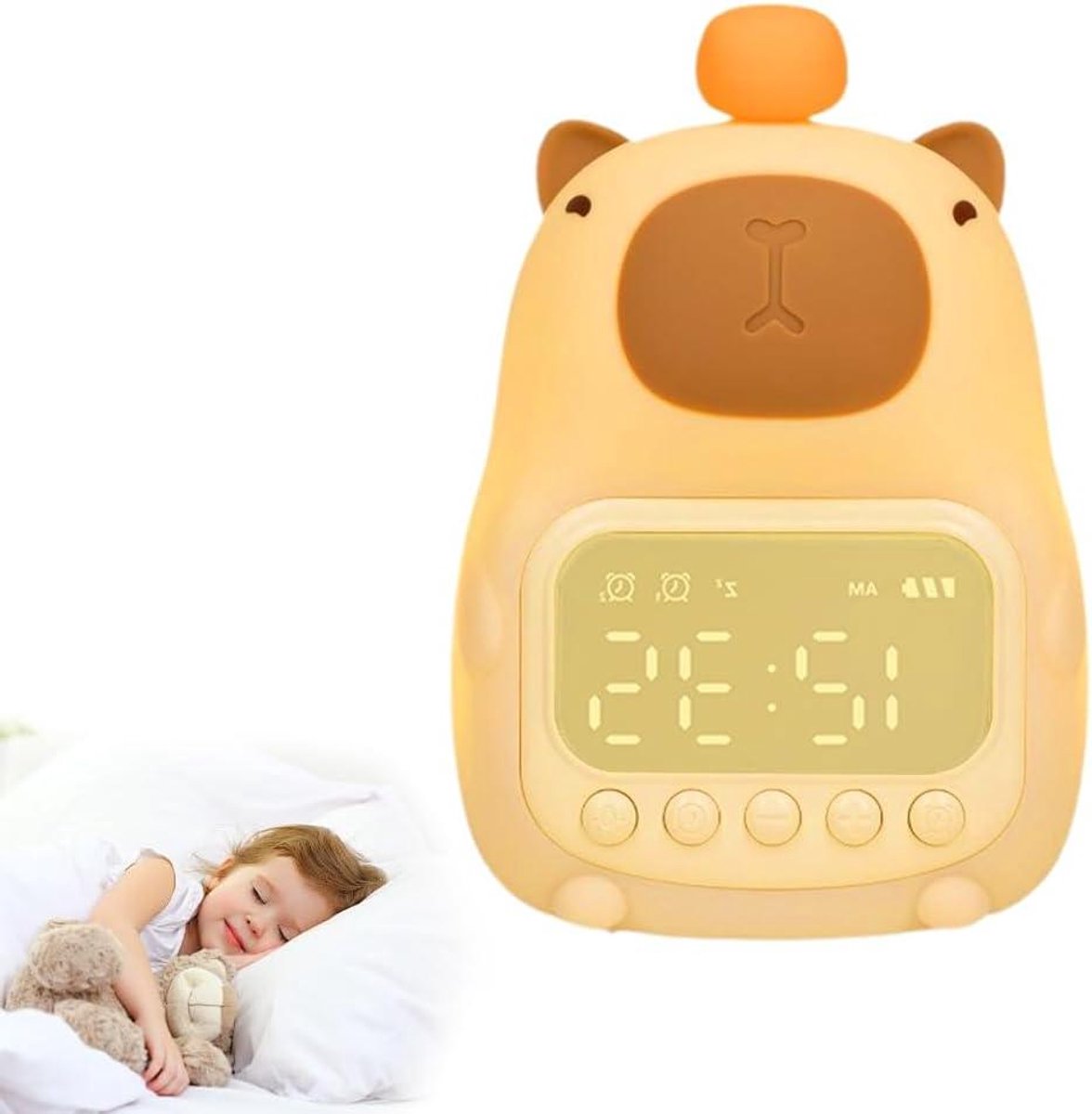 Kinderwekker Dieren - Nachtlampje Bureau - Zelfstandig Slapen - Dubbel Alarm Instelbaar - 15 cm Hoog - Wit