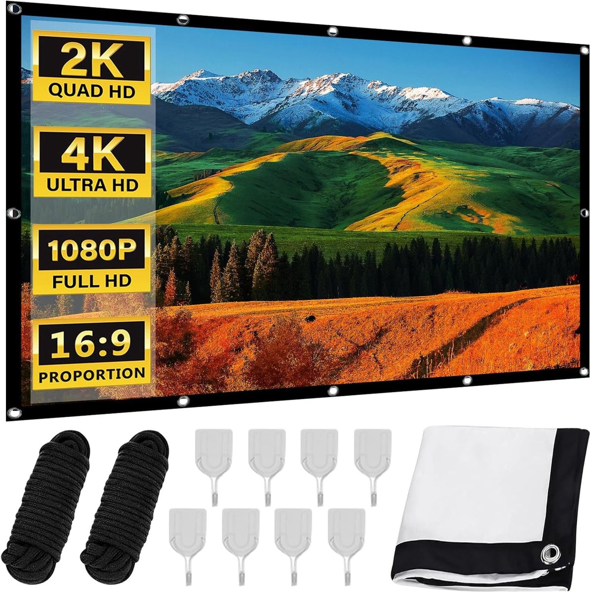 Grote 100 Inch Projectiescherm: 16:9 HD 4K Vouwbaar en Wasbaar Doek met Haken en Touwen voor Thuis, Kantoor, School en Buitenactiviteiten
