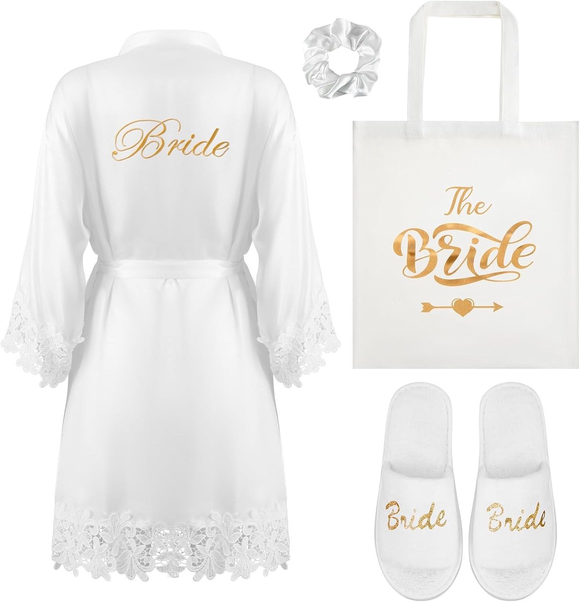 Set van 4 cadeaus voor bruiden, inclusief satijnen jurk, antislip slippers, canvas tas en zachte haarscrunchie voor huwelijksaanzoek en vrijgezellenfeest