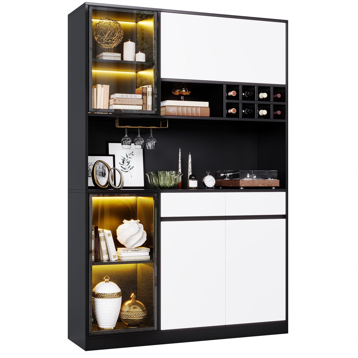 Merax Hoge Vitrinekast met Ledverlichting - 120 x 35 x 180 cm - Zwart en Wit - Wijnrek - Lades - Opbergvakken