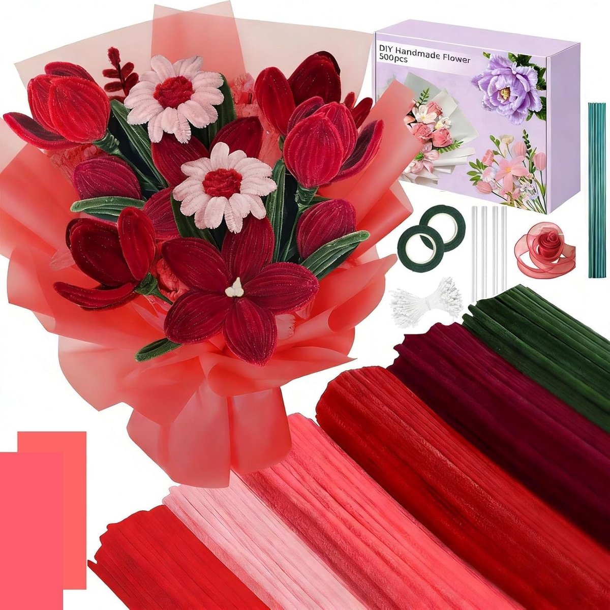 500 Stuks Pijpcheners voor Creatieve Bloemprojecten - Roze Pijpcheners met Bloemen, Pollen Tapes en Plakband in Cadeaubox voor DIY en Handwerk