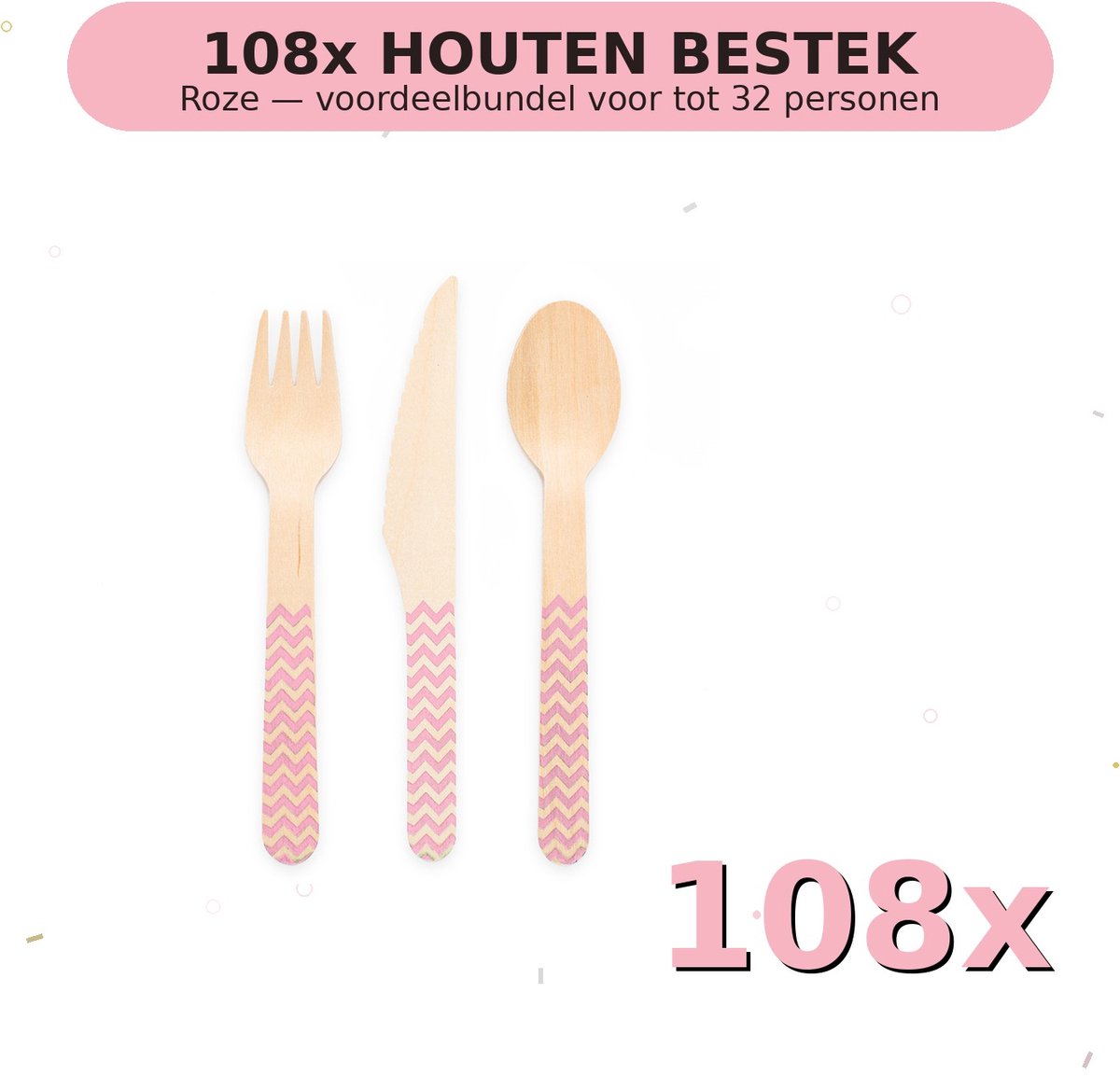 Houten bestek FSC Roze - Voordeelverpakking 108 Stuks voor tot 32 Personen - Feestartikelen