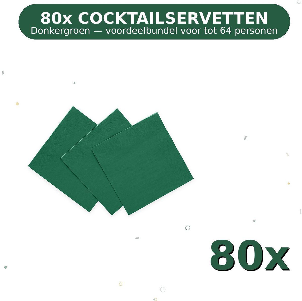 Cocktail servetten 24x24cm FSC Donkergroen - Voordeelverpakking 80 Stuks voor tot 64 Personen - Feestartikelen