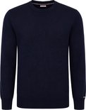 Marineblauwe trui van Felix Hardy met ronde hals en gebreide boorden. Logo op de mouw.