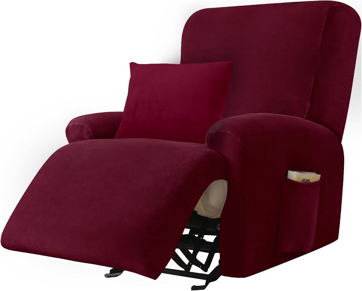 Stretchbare Relaxfauteuil Hoes, 4-delige Velours Stoelhoes, Wasbare Elastische Bescherming voor TV Relaxfauteuils met 1 Kussenhoes en 2 Opbergzakken (1-Zitter, Rood)