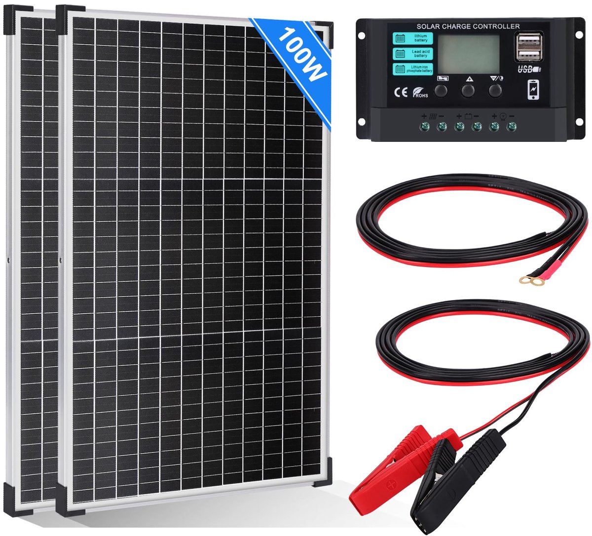 Zonnepaneel set 100W - 2x 50W monokristallijn - 10A zonne-oplader - ideaal voor camping - ShopVlot
