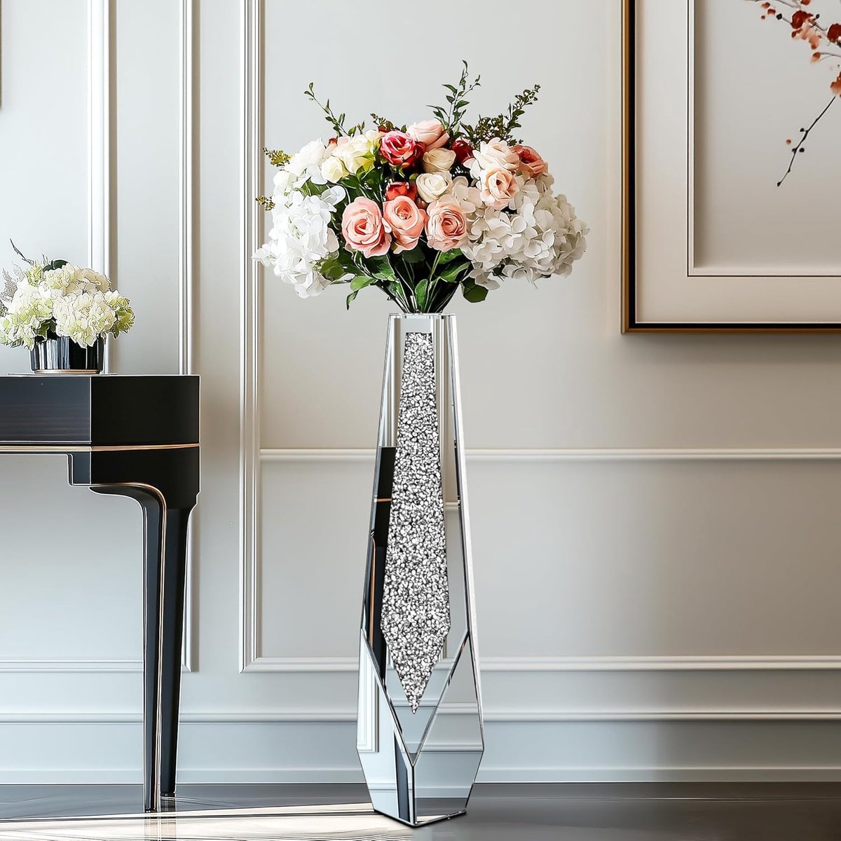 SnelShoppen - Grote Floor Vase 85cm Hoog: Zilveren Vaasje met Kristallen voor Pampasgras, Glazen Spiegeldiamanten Bloemenvase, Antislip Vazen voor Woo