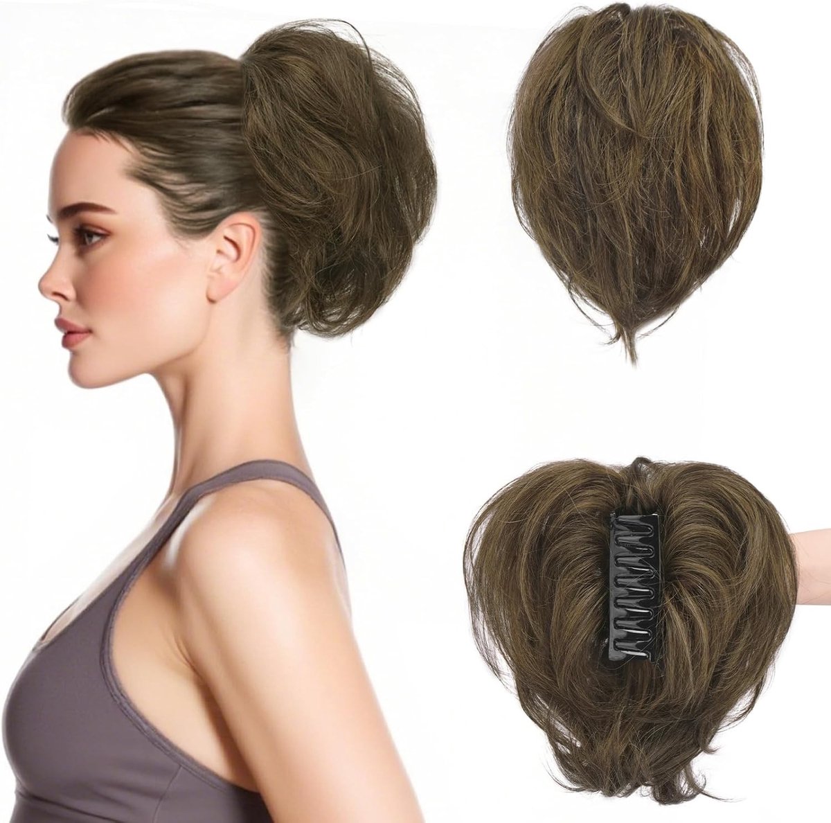 Korte Ponytail Extension van Echt Haar met Klem, 20cm Bruin Mix Messy Bun Haarstuk voor Dikke Natuurlijke Staart en DIY Stijlen voor Vrouwen