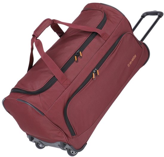 Bordeauxrode reistas met wielen en handvatten. Travelite logo op de zijkant.