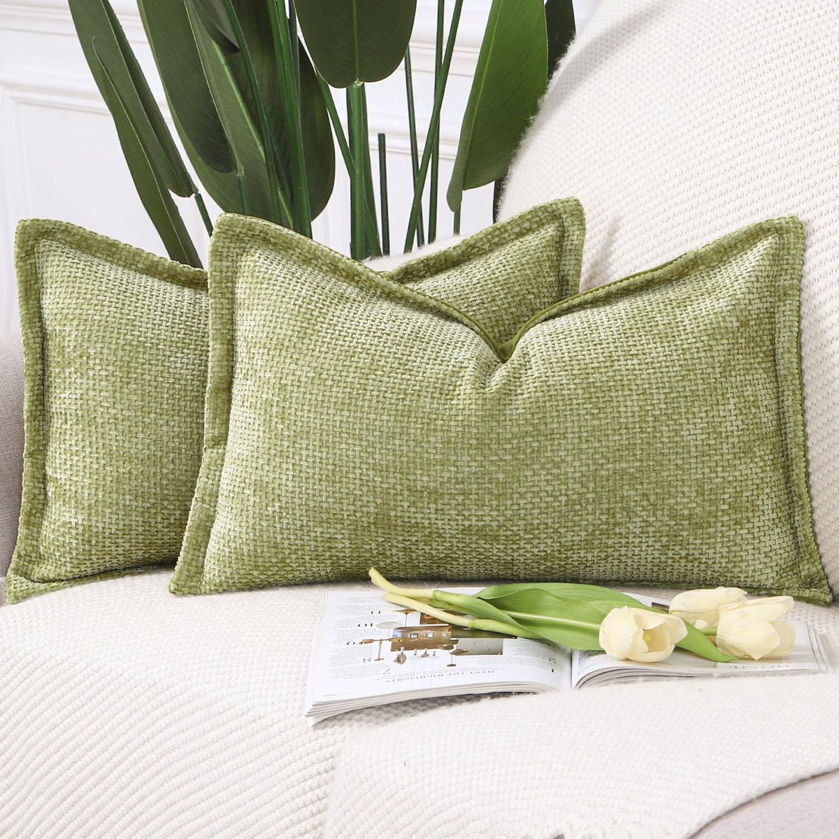 Kussenslopen 40x60 cm - Korte Chenille Fluwelen Franje - Licht Groen - Perfect voor sofa en slaapkamer - ShopVlot