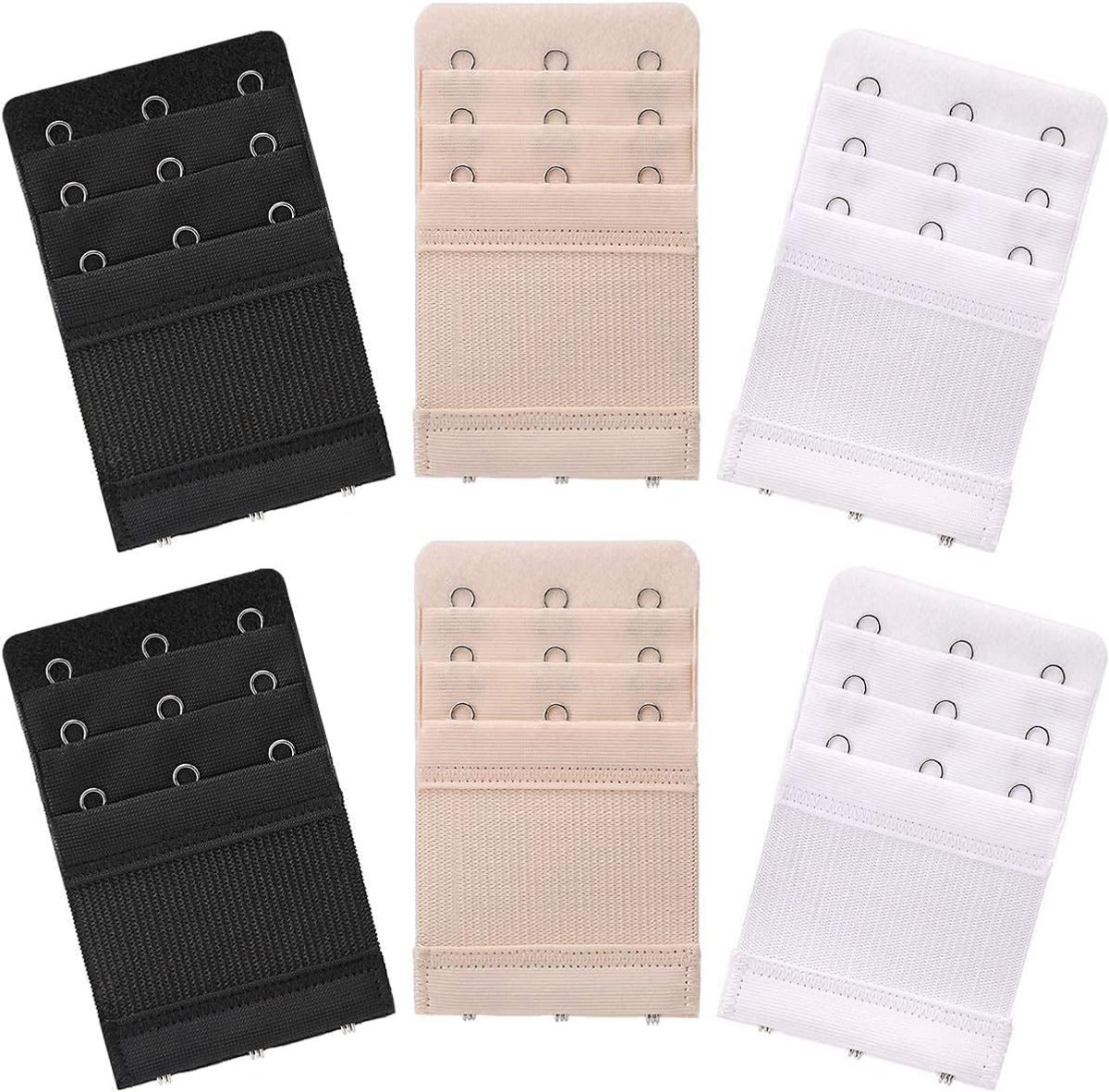 6-delige Bh Extensie met 3 Haakjes, Comfortabele en Elastische Sluiting voor Dames in Zwart, Wit en Huidskleur