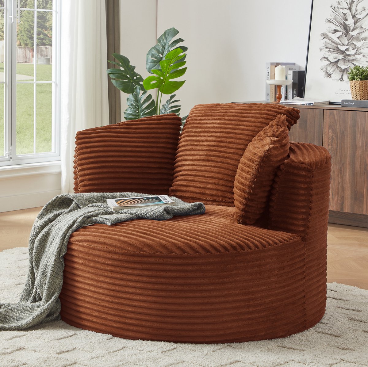 DESMIU Fauteuil 1 Zits - Ronde Loungestoel Met Armleuningen En Zachte Vulling - Voor Woonkamer En Slaapkamer - Ribstof - Oranje