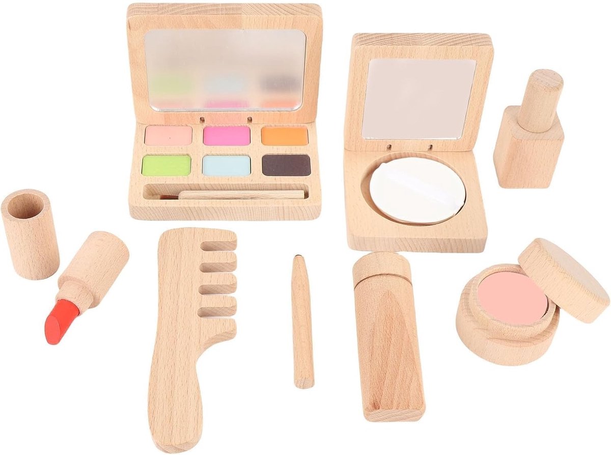 Houten Speelgoed Make-up Set voor Kinderen - Cosmetica Kit met Lippenstift, Nagellak en Oogschaduw voor Rollenspel en Creatieve Spelletjes voor Meisjes van 3 tot 6 Jaar