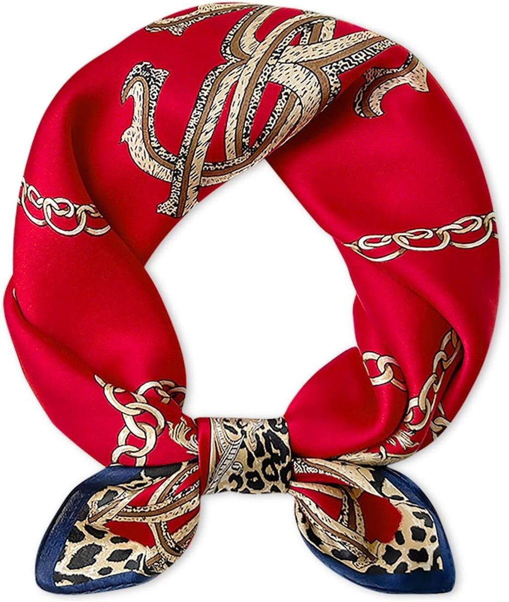 Elegante Zijde Sjaal voor Dames met Luipaardprint - Multifunctionele Vierkante Sjaal, Licht Neckerchief en Haarband in Rood, Perfect voor Mode en Accessoires