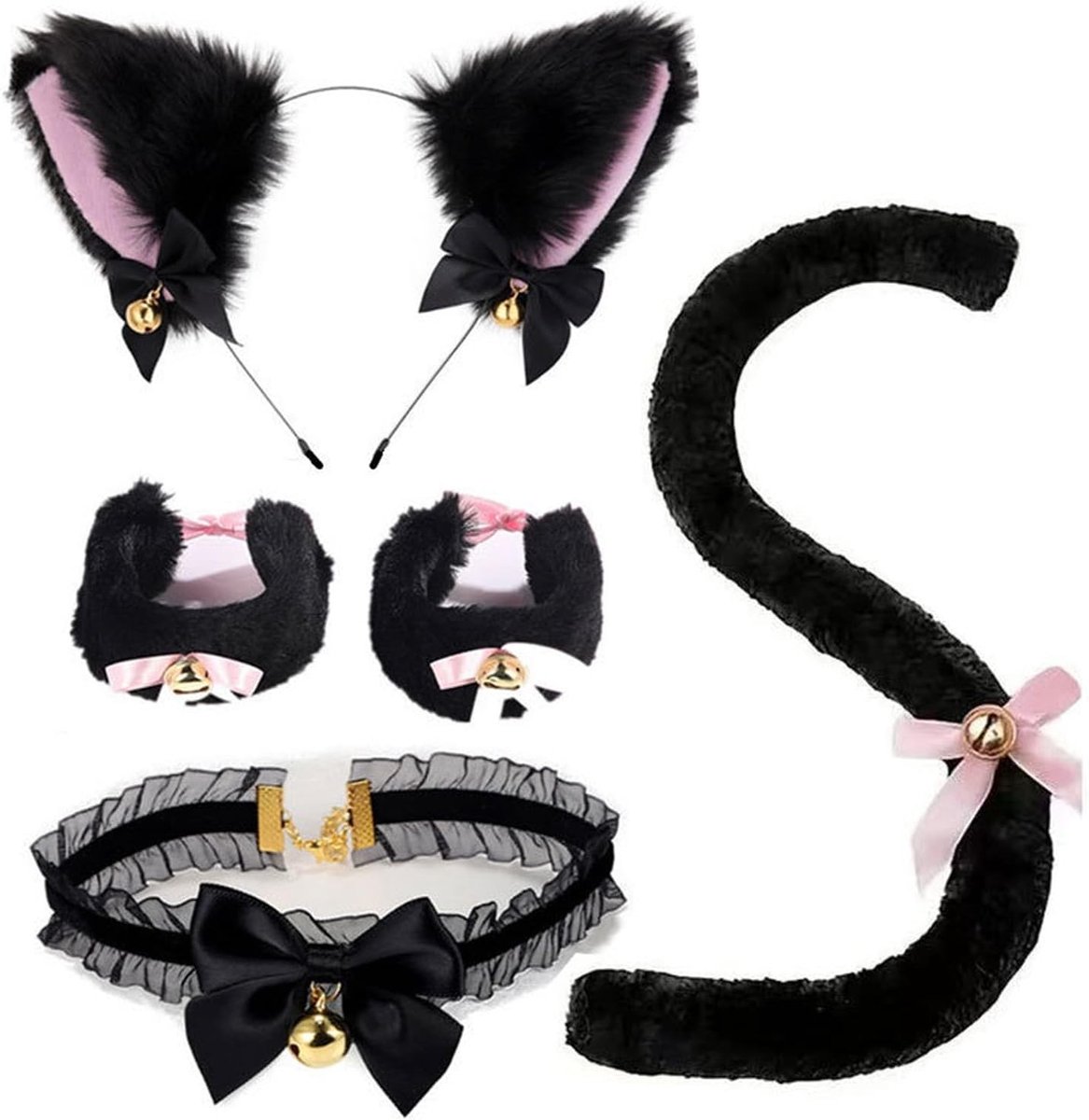 Set van 5 Delen voor Kat Cosplay - Zwarte Kat Oren, Bel, Verstelbare Staart en Handboeien voor Vrouwen en Meisjes, Perfect voor Feestjes, Halloween en Rollenspel Accessoires