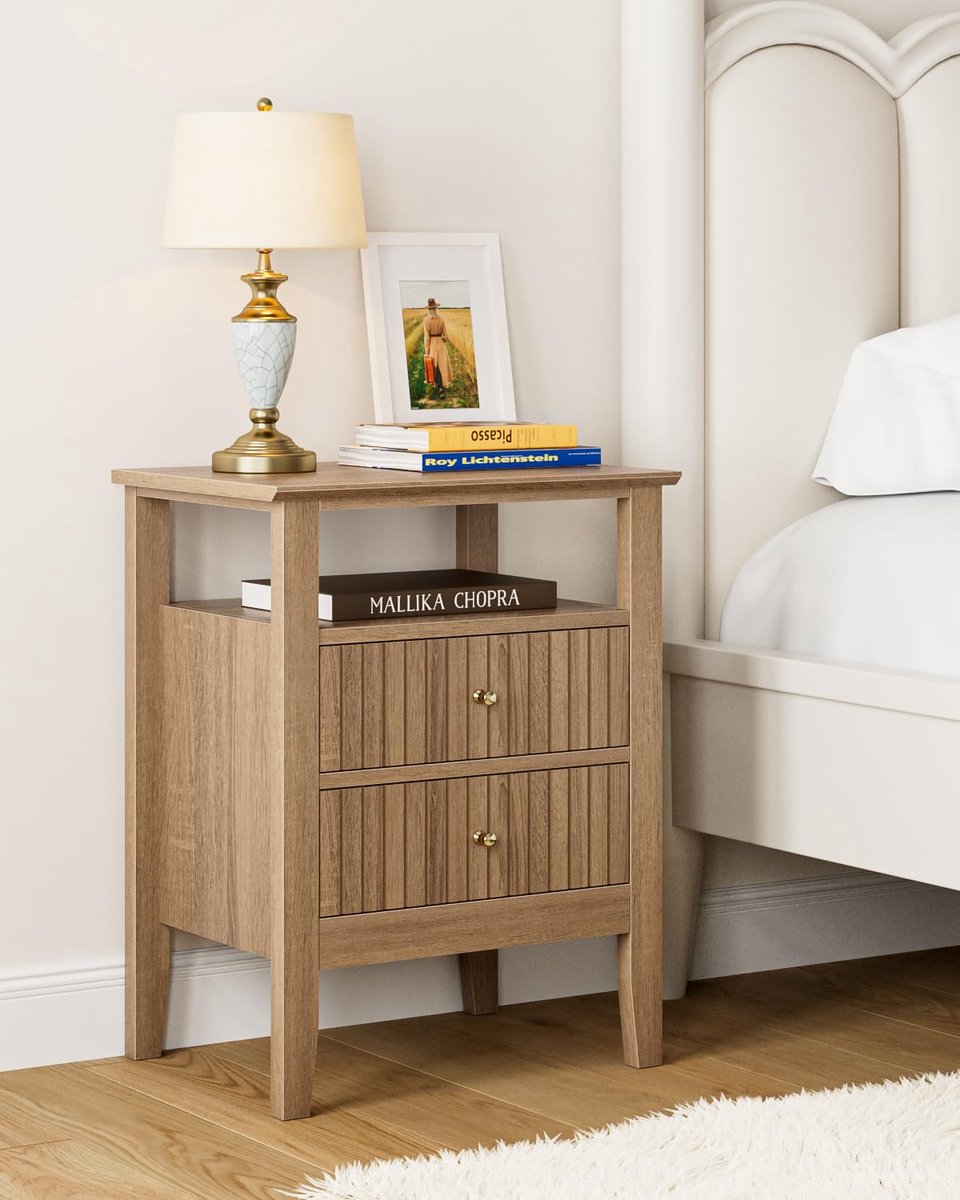 Nachtkastje met 2 laden - massief hout - retro stijl - ideaal voor slaapkamer - ShopVlot