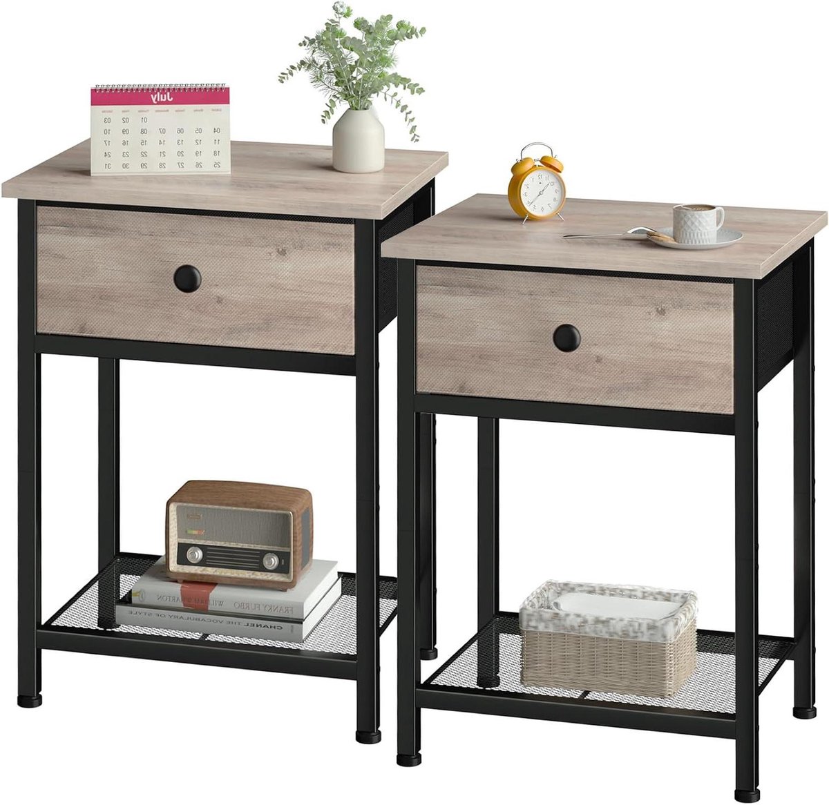 Nachtkastjes Set - Bijzettafels - Opbergen Slaapkamer - Industriële Stijl - 40x30x55 cm - Grijs