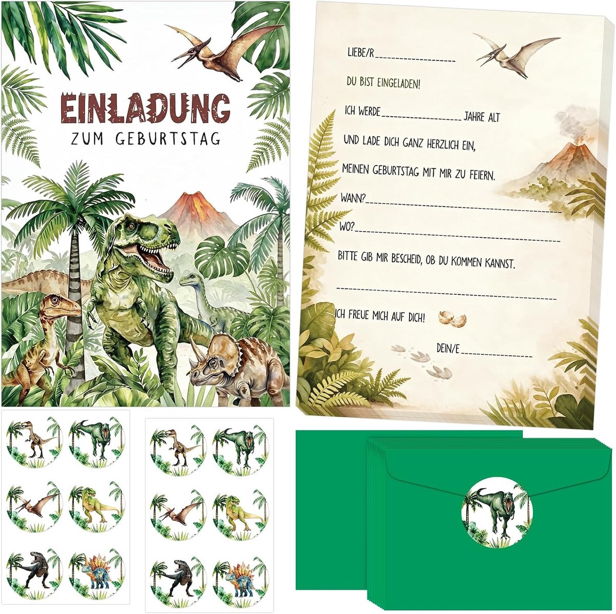 12 Dino-uitnodigingskaarten, uitnodigingskaarten, kinderverjaardag, uitnodigingskaarten, eerste schooldag - ShopVlot