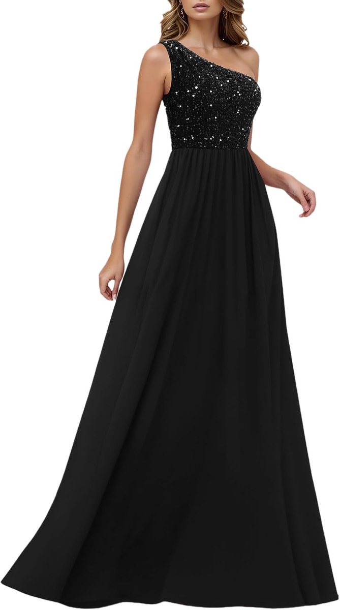 HOMEYEE A503 Women's Elegant Sequin Mesh One Shoulder Glitter Ball Dress Sexy Backless A-Line Wedding Dress - ShopVlot