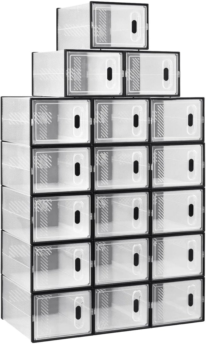 Klarven® Opbergboxen Modulair Black 18pcs - Stapelbaar, Transparant kunststof, Set 18 stuks - B 35 x D 22 x H 34 cm