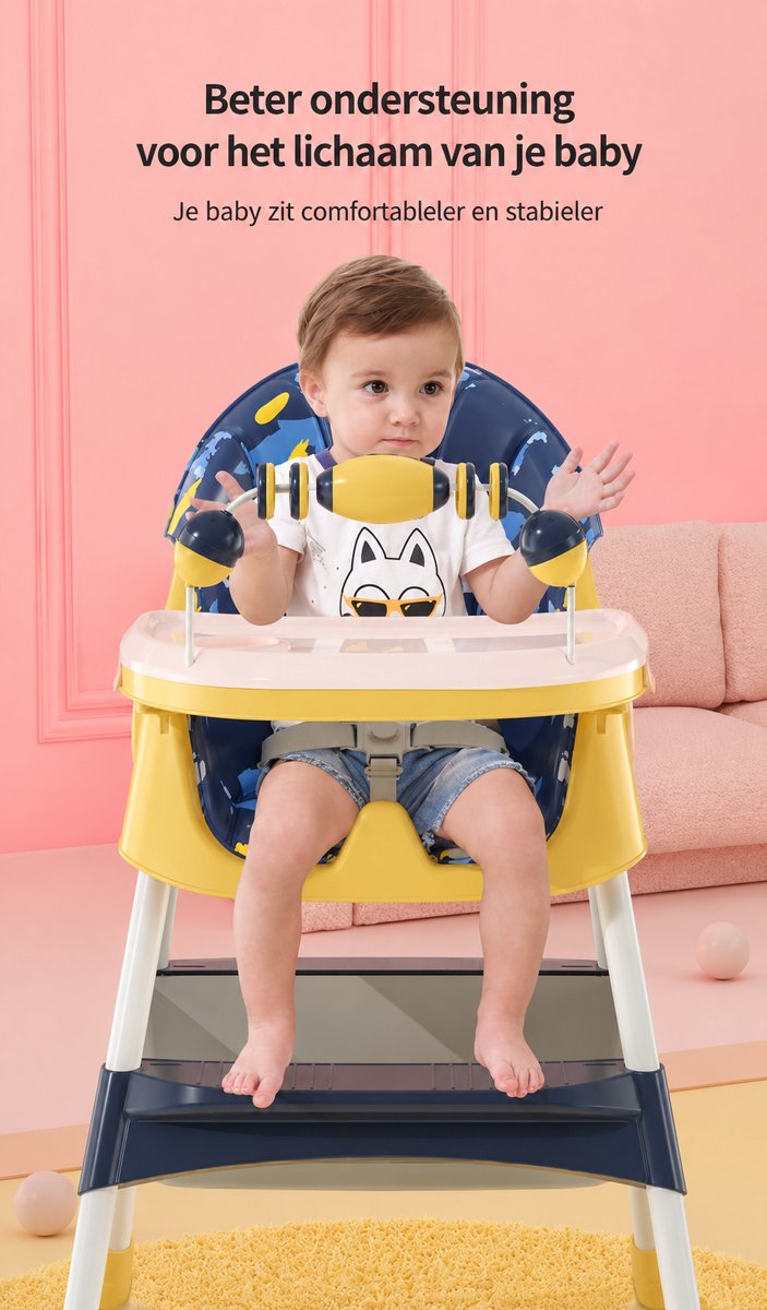 Kinderstoel Baby Inklapbaar & Verstelbaar - Hoge Kinderstoel met Dubbel Afneembaar Dienblad, 5-Punts Veiligheidsgordel, Wielen met Rem, Opbergtas & Verstelbare Rugleuning - Blauw/Geel — afbeelding 2