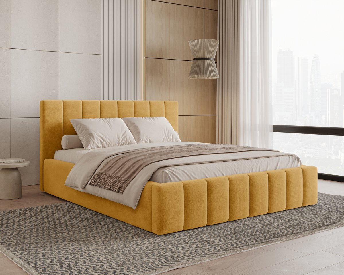 AJE Meubles B.V. Gestoffeerd Bed 01 met Opbergruimte en Hoofdbord 160x200 cm - Geel (Flow 13)