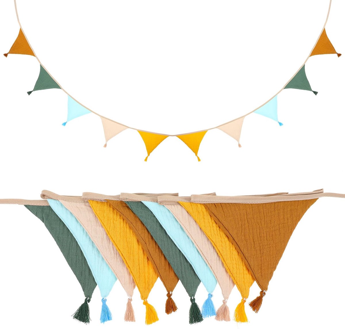Dailygoods- Wimpelketting 2,6 m - Vlaggetjes Slinger - Katoenen Stof - Wanddecoratie - Kinderen - Met Kwasten - 10 Kleurrijke Vlaggen - Vlaggetjesslinger